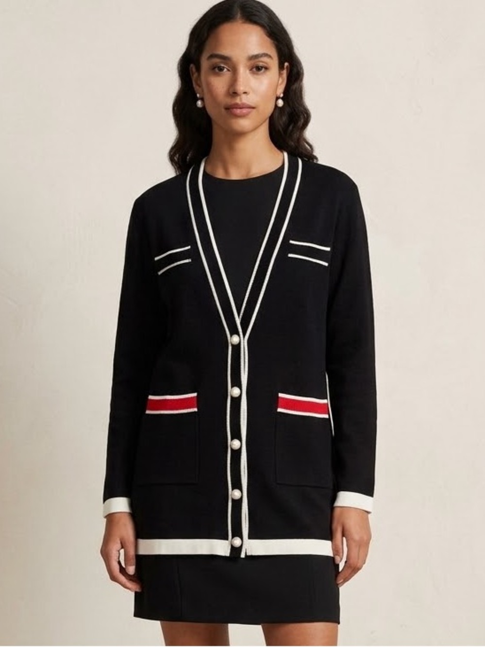 Zara Black Cardigan Blazer with White Trim and Red Pocket Stripes